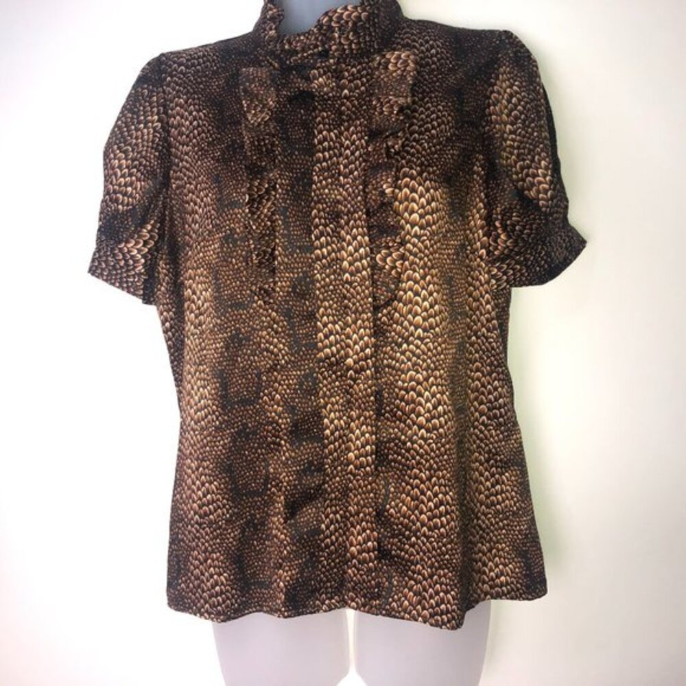 Worthington Petite Brown Scales Pattern Blouse Button Down‎ PL